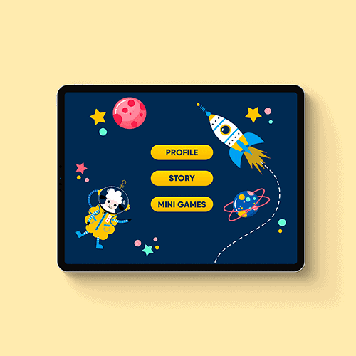 A tablet device showing the main menu of a children's app, which has colorful space theme illustrations and three yellow buttons.