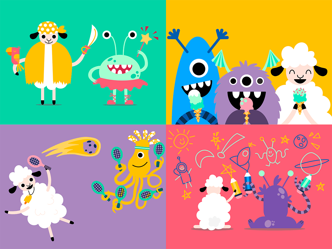 Colorful vector illustrations of four fun moments between Lolli, a smiley young white sheep, and her alien friends.