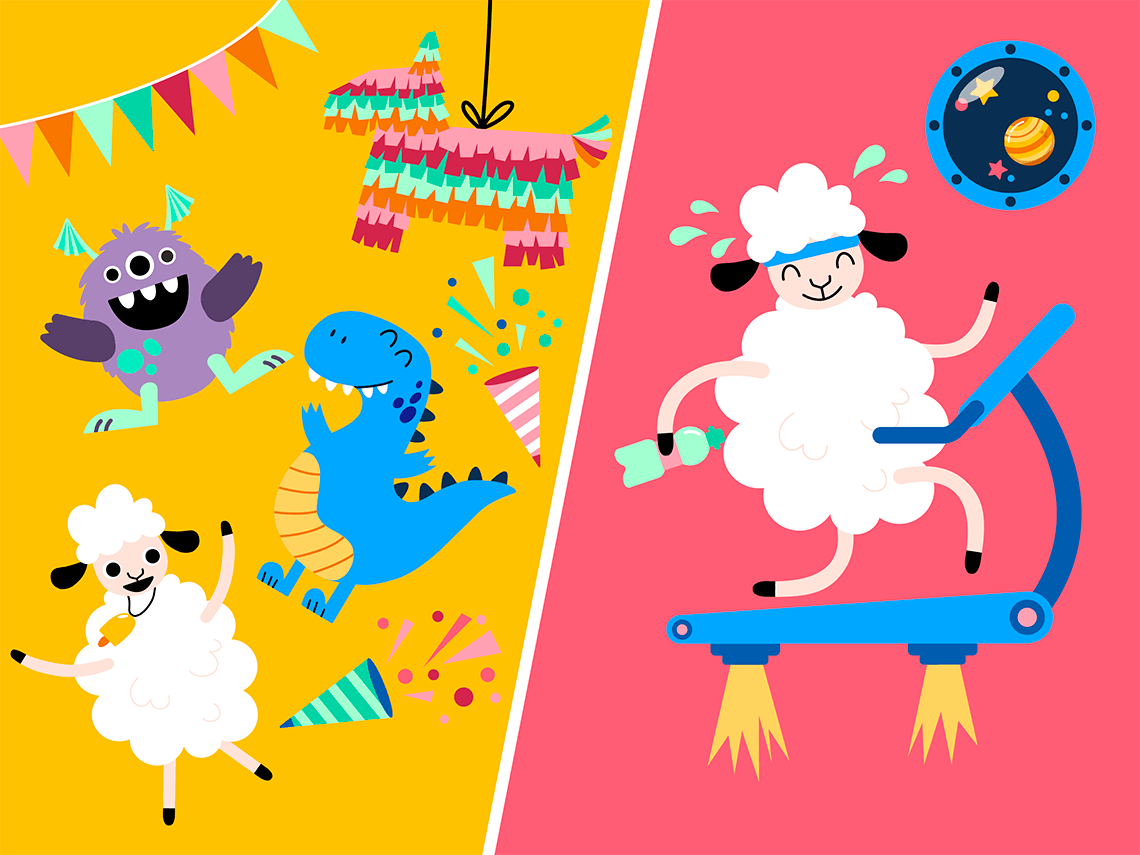 Two colorful vector illustrations showing Lolli, a smiley young white sheep, in a party with her alien friends and running on a flying treadmill.