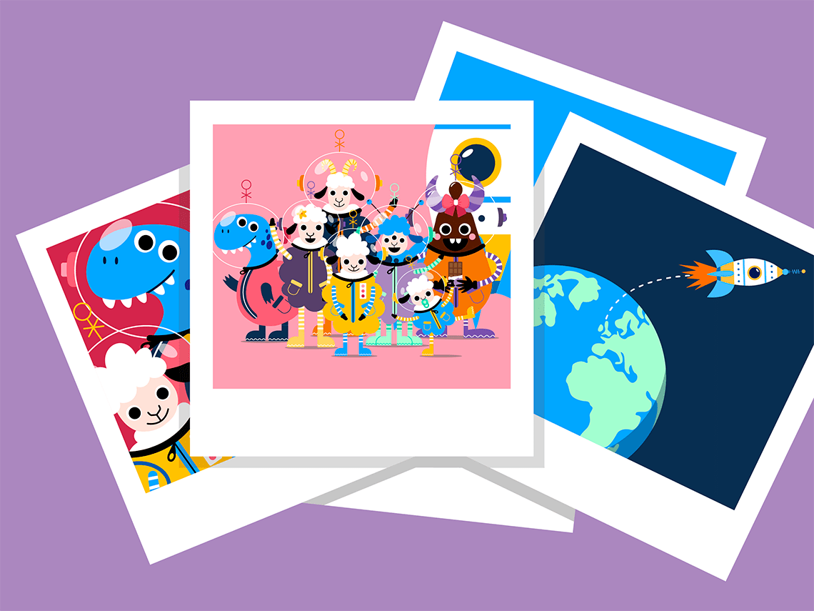 A vector illustration showing several polaroid pictures of some of the space adventures of Lolli, a smiley young white sheep.