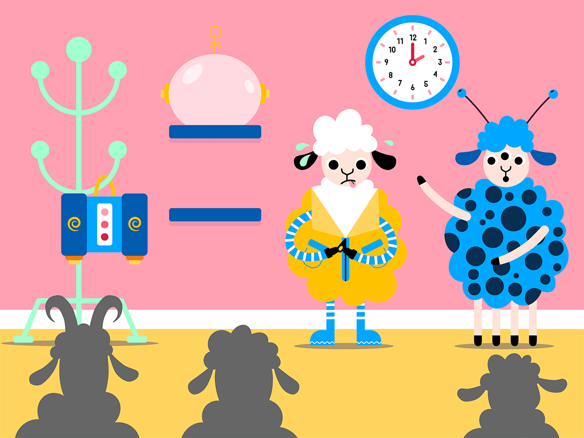Vector illustration of Lolli, a smiley young white sheep, trying to zip her astronaut suit while an audience looks at her.
