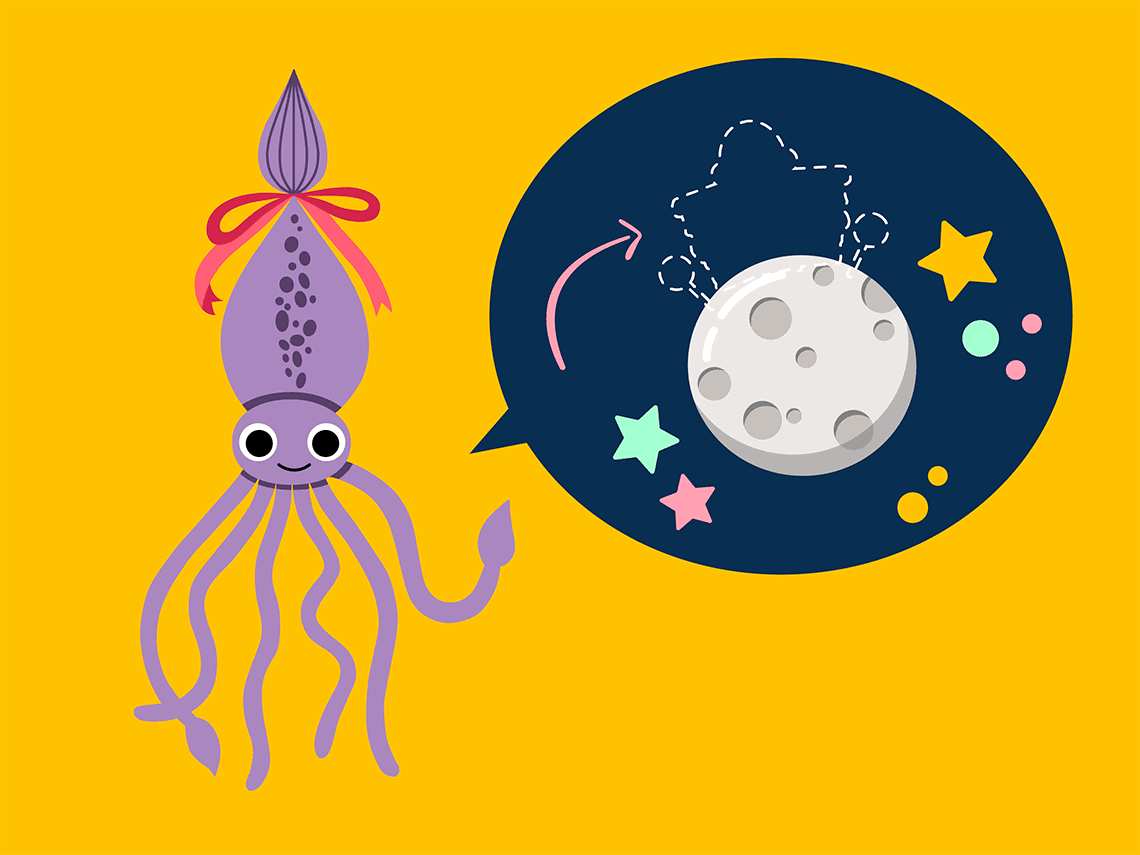 Vector illustration of Loola, a smiley purple squid with a pink bow on her head, presenting an idea of building something on the moon.