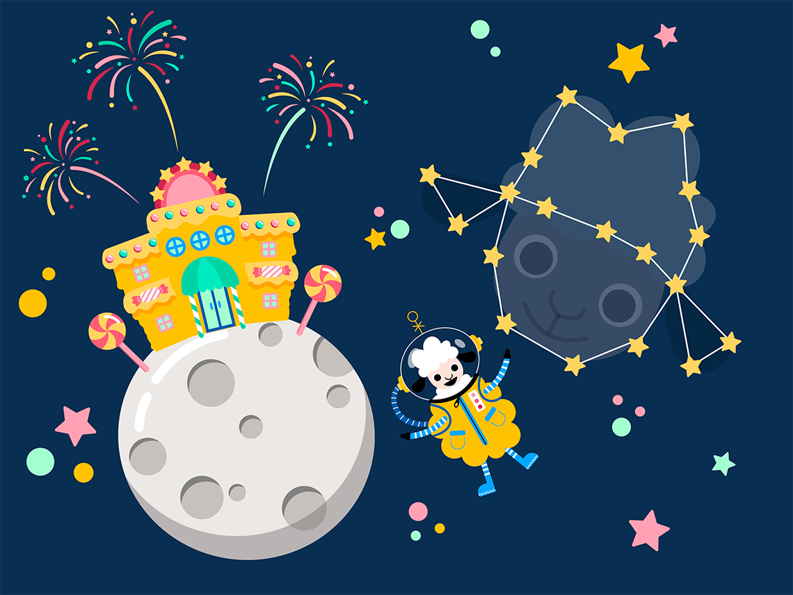 Vector illustration set in space showing a sheep wearing an astronaut suit, next to a constellation of her face and a moon with a candy building on it.