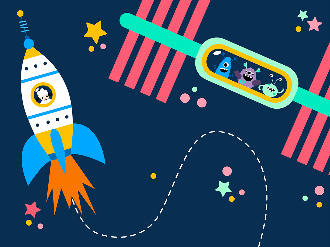 Vector illustration set in space showing a sheep inside a rocket next to a space station with three friendly aliens inside of it.