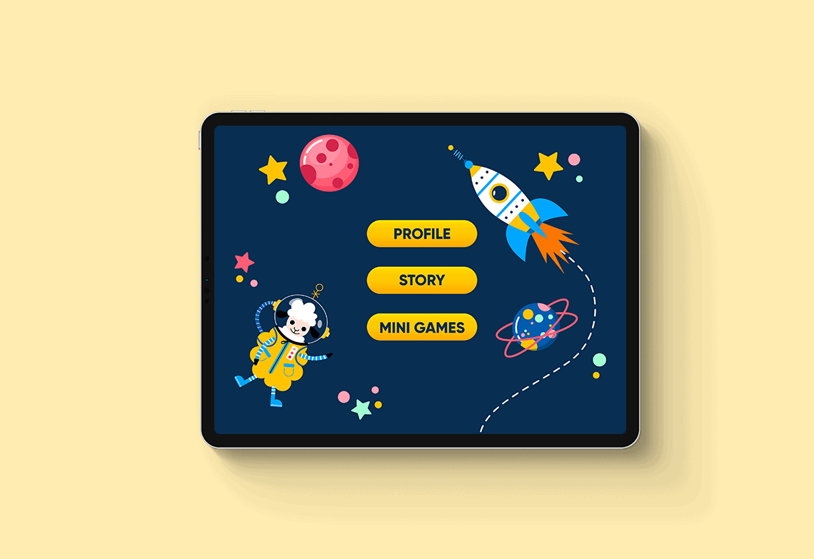 A tablet device showing the main menu of a children's app, which has colorful space theme illustrations and three yellow buttons.