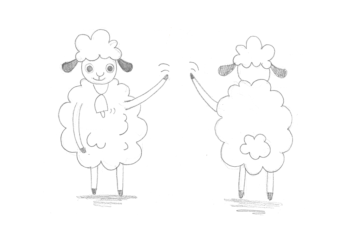 Pencil sketch of Lolli, a smiley young white sheep, with a bell on her neck.