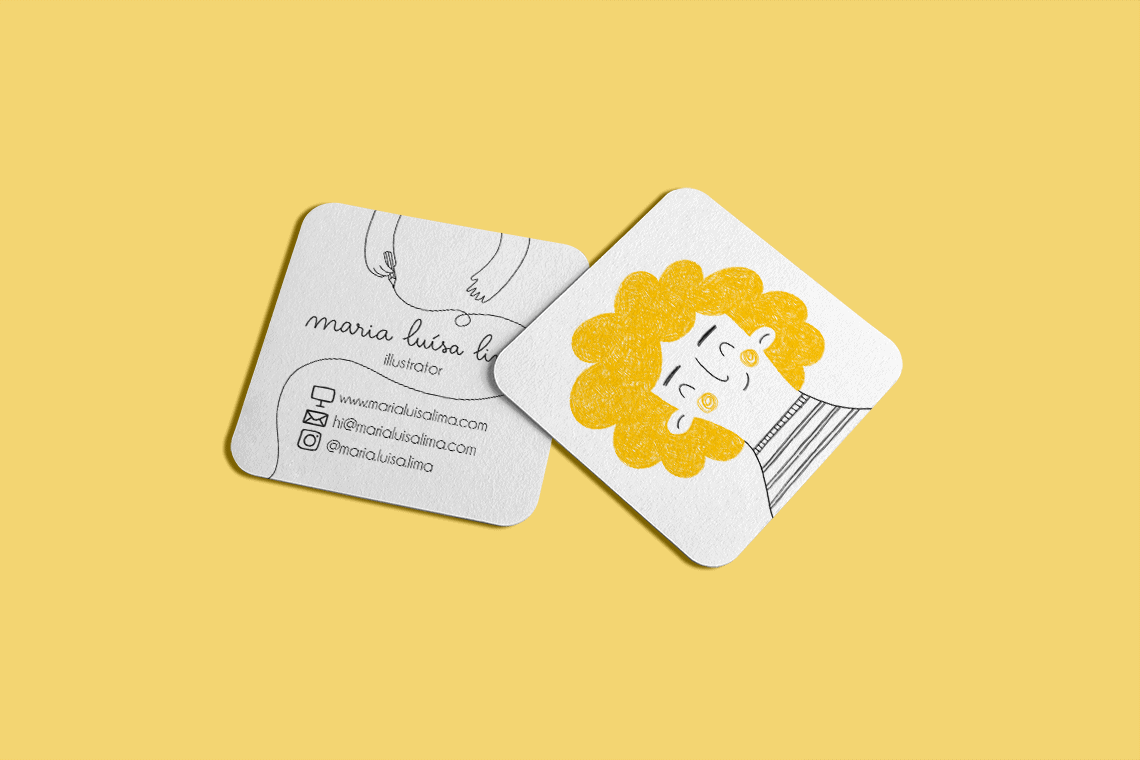 Square business cards with rounded corners, with text on one side and an illustration of a girl with curly hair on the other side.