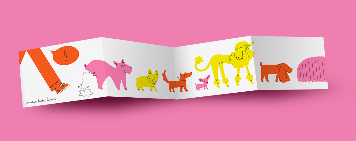 An accordion folded risograph zine, with colorful illustrations of several dogs and their owner going for a walk.