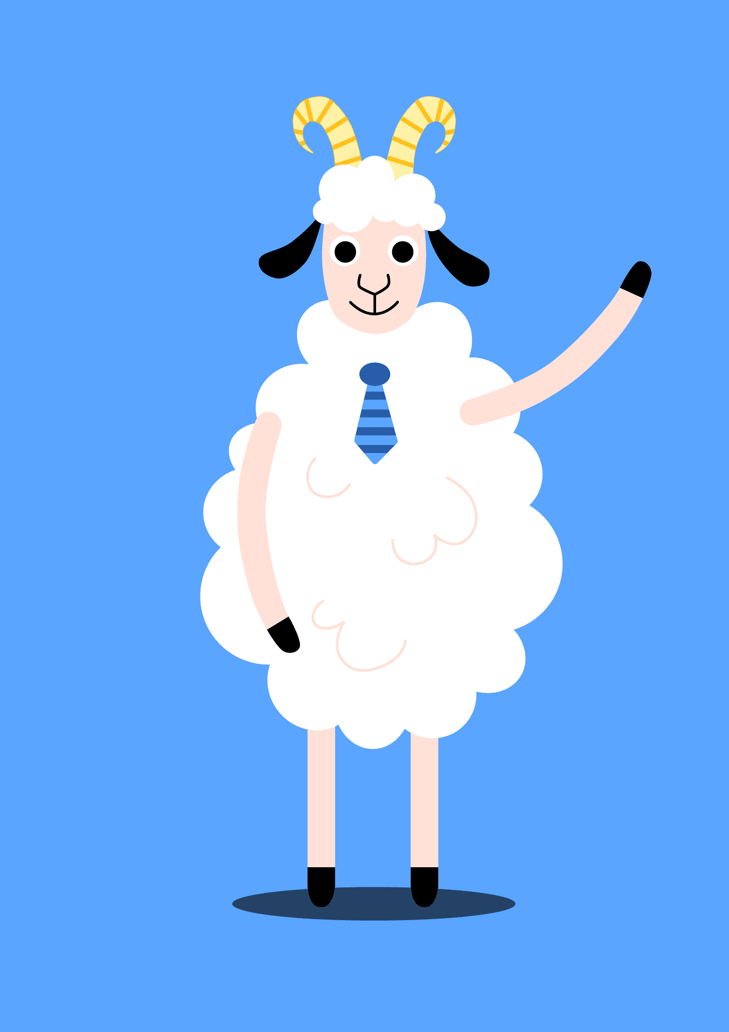 Vector illustration of a smiley white ram wearing a blue striped necktie.