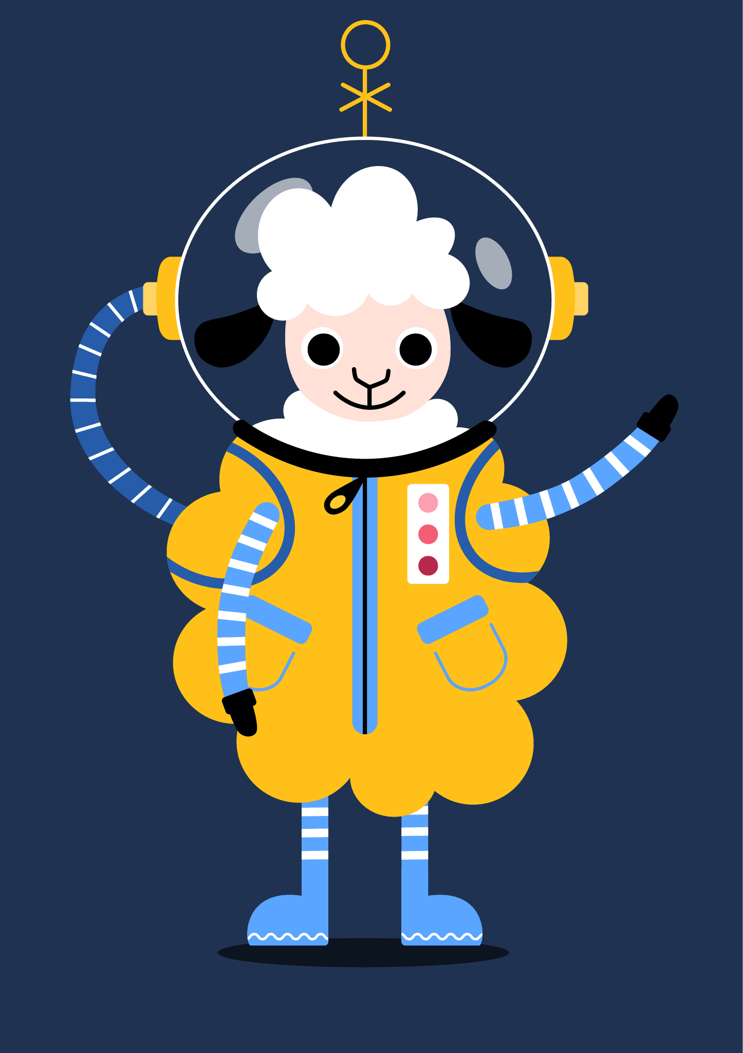 Vector illustration of Lolli, a smiley young white sheep, wearing a yellow and blue astronaut suit.