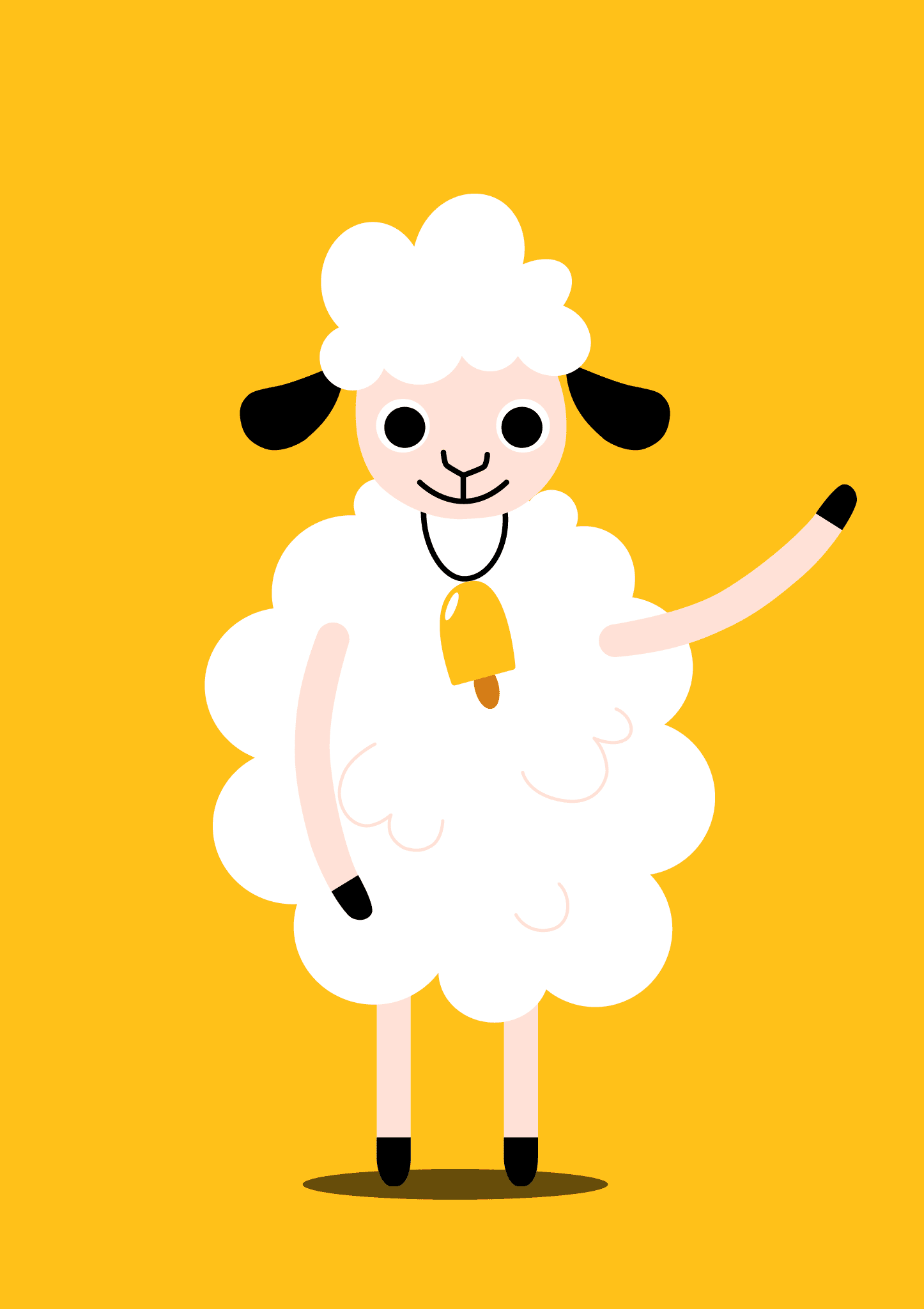 Vector illustration of Lolli, a smiley young white sheep, with a gold bell on her neck.