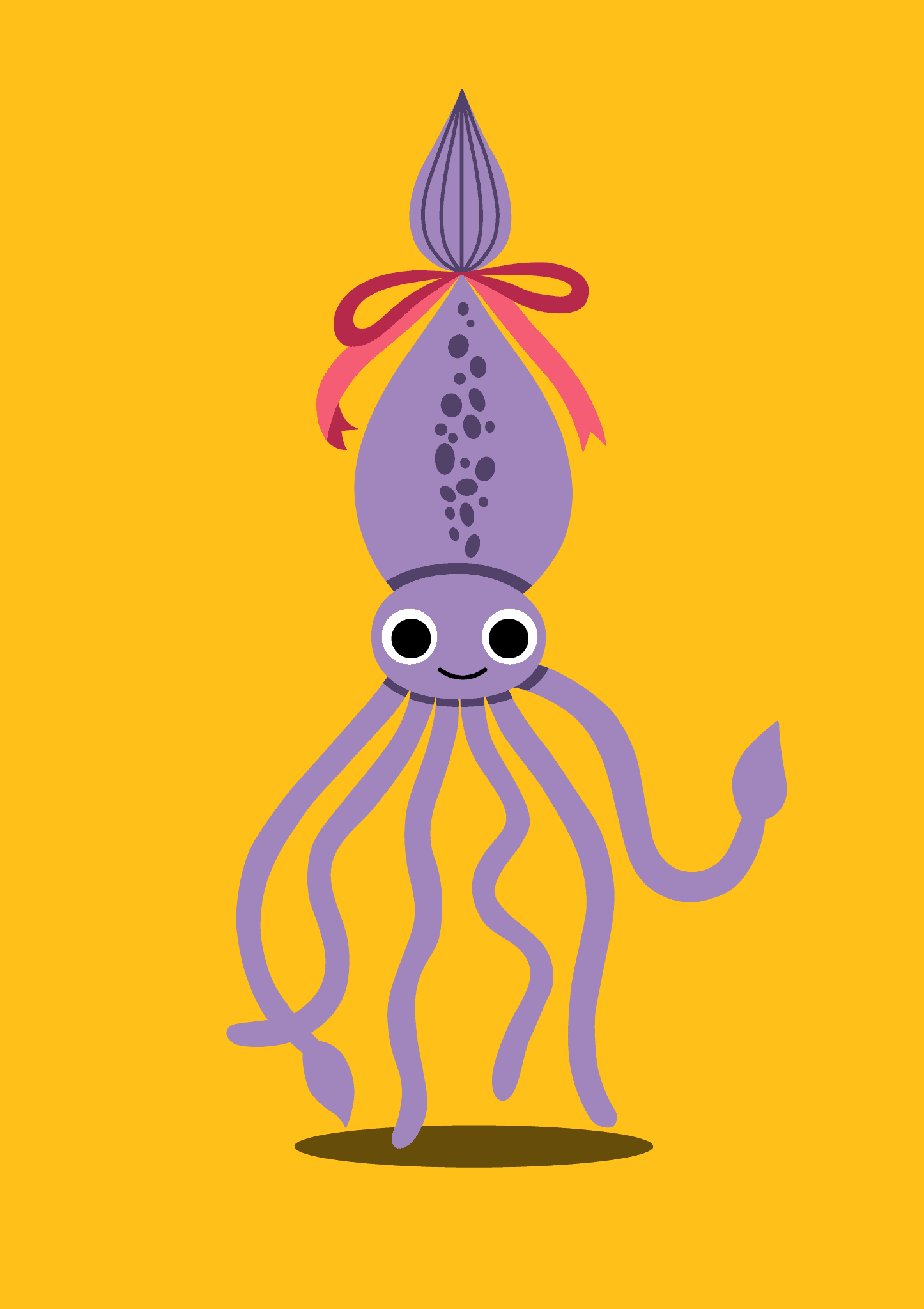 Vector illustration of Loola, a smiley purple squid, with a pink bow on her head.