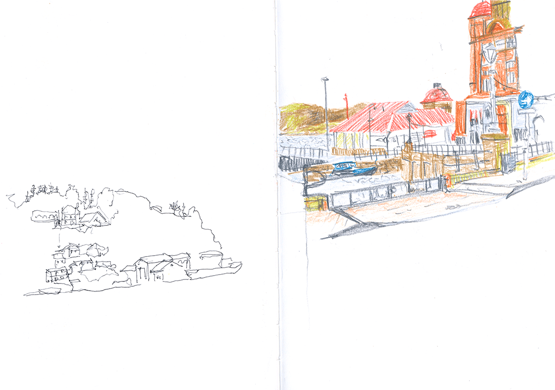 A travel sketchbook spread of some urban landscapes in Oban, Scotland.