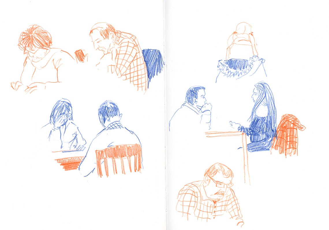 A travel sketchbook spread of people at a restaurante in Oban, Scotland.
