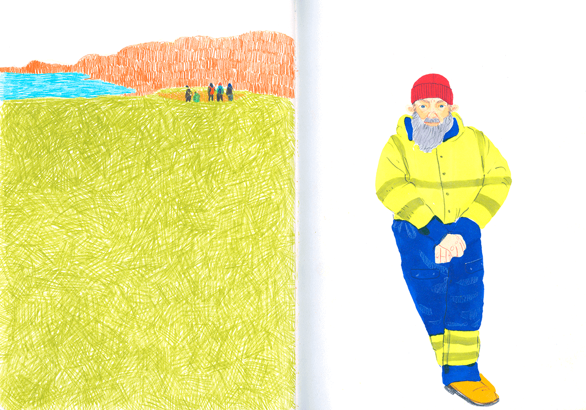 A travel sketchbook spread of a landscape and a boat skipper in Oban, Scotland.