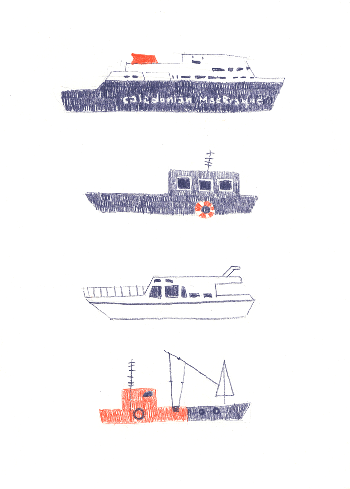 A travel sketchbook page of some boats in Oban, Scotland.
