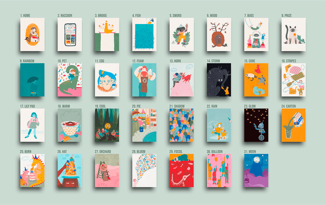 Thirty-one gouache illustrations based on the "Peachtober 2020" prompt list.