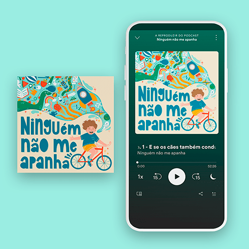 Illustration for a podcast cover, representing a young boy riding a bike while being followed by objects commonly associated to childhood.