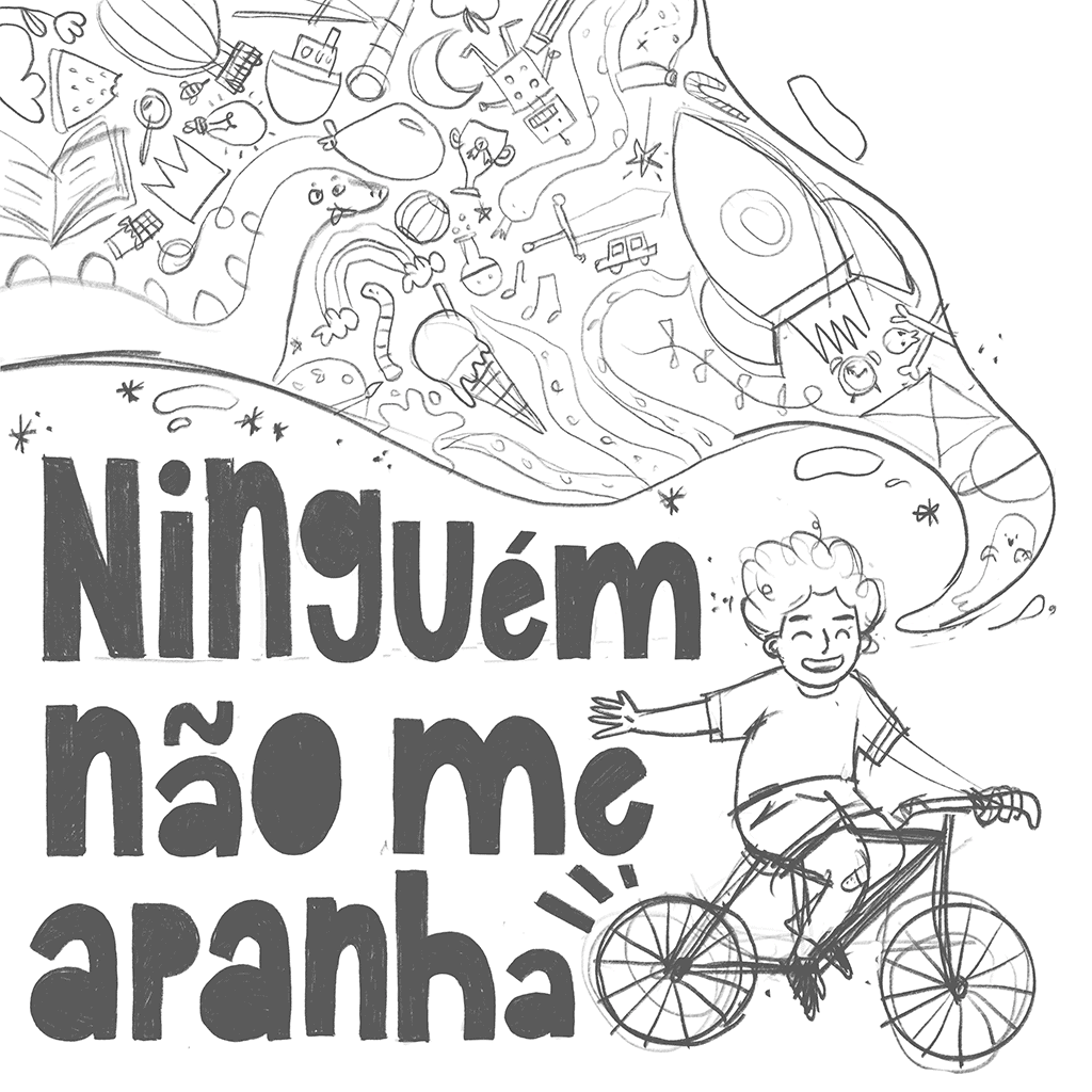 Illustration sketch for a podcast cover, representing a young boy riding a bike while being followed by objects commonly associated to childhood.