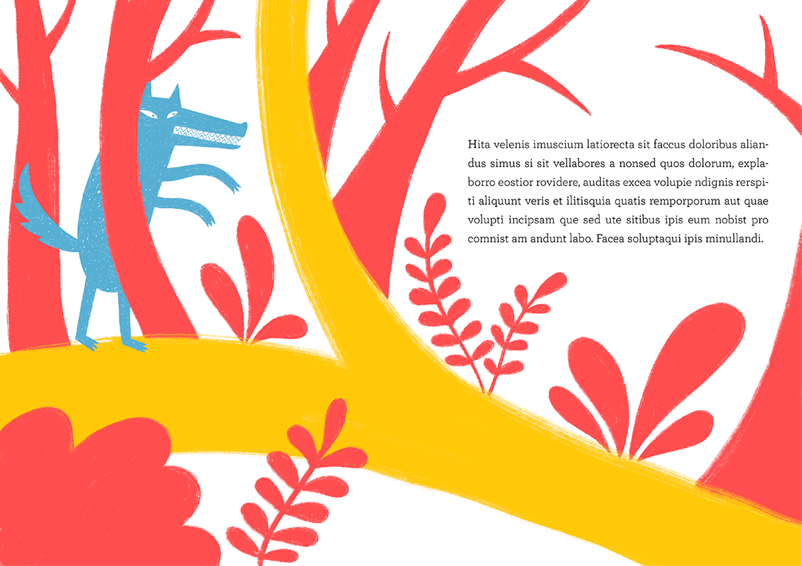 A book illustration of a mean looking blue wolf hiding between the trees of a forest.
