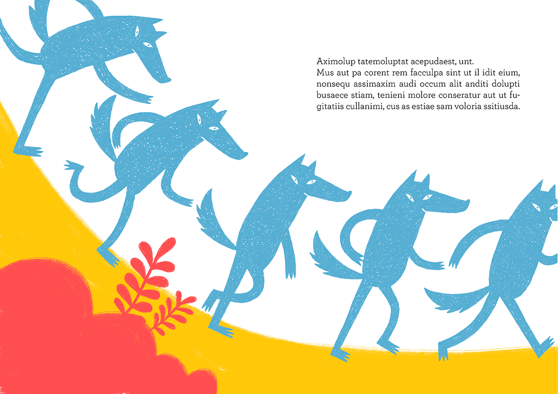 A book illustration of a blue wolf walking down a forest path while gradually starting to smile.