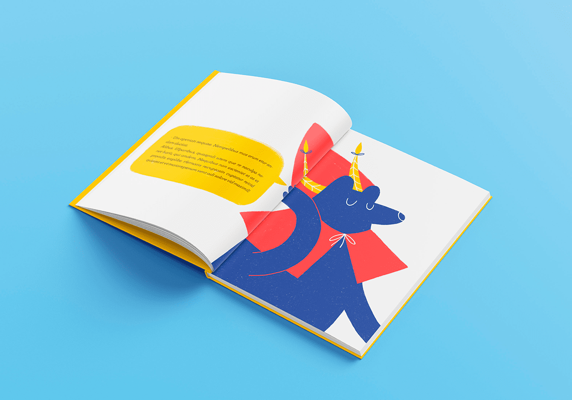 Book spread with an illustration of a dark blue bear dressed as Little Red Riding Hood.