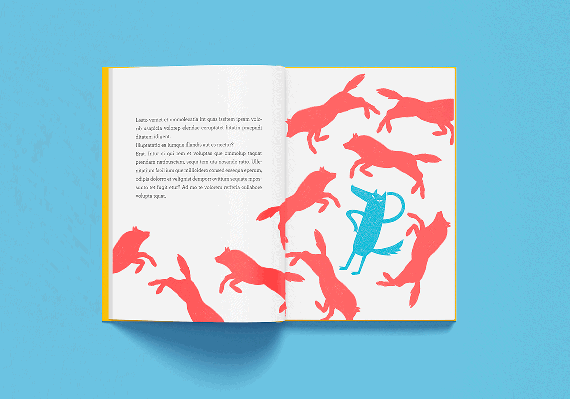 Book spread with an illustration of a blue wolf looking confused in the middle of several red wolves.