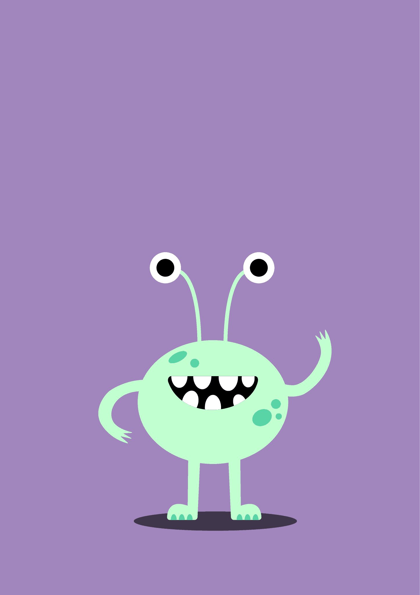 Vector illustration of a short green alien with a big smile and some darker spots throughout his round body.