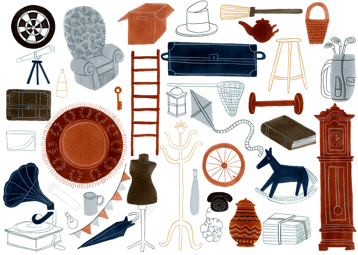 Illustration of different objects from a brown attic.