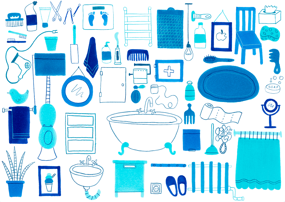 Illustration of different objects from a blue bathroom.