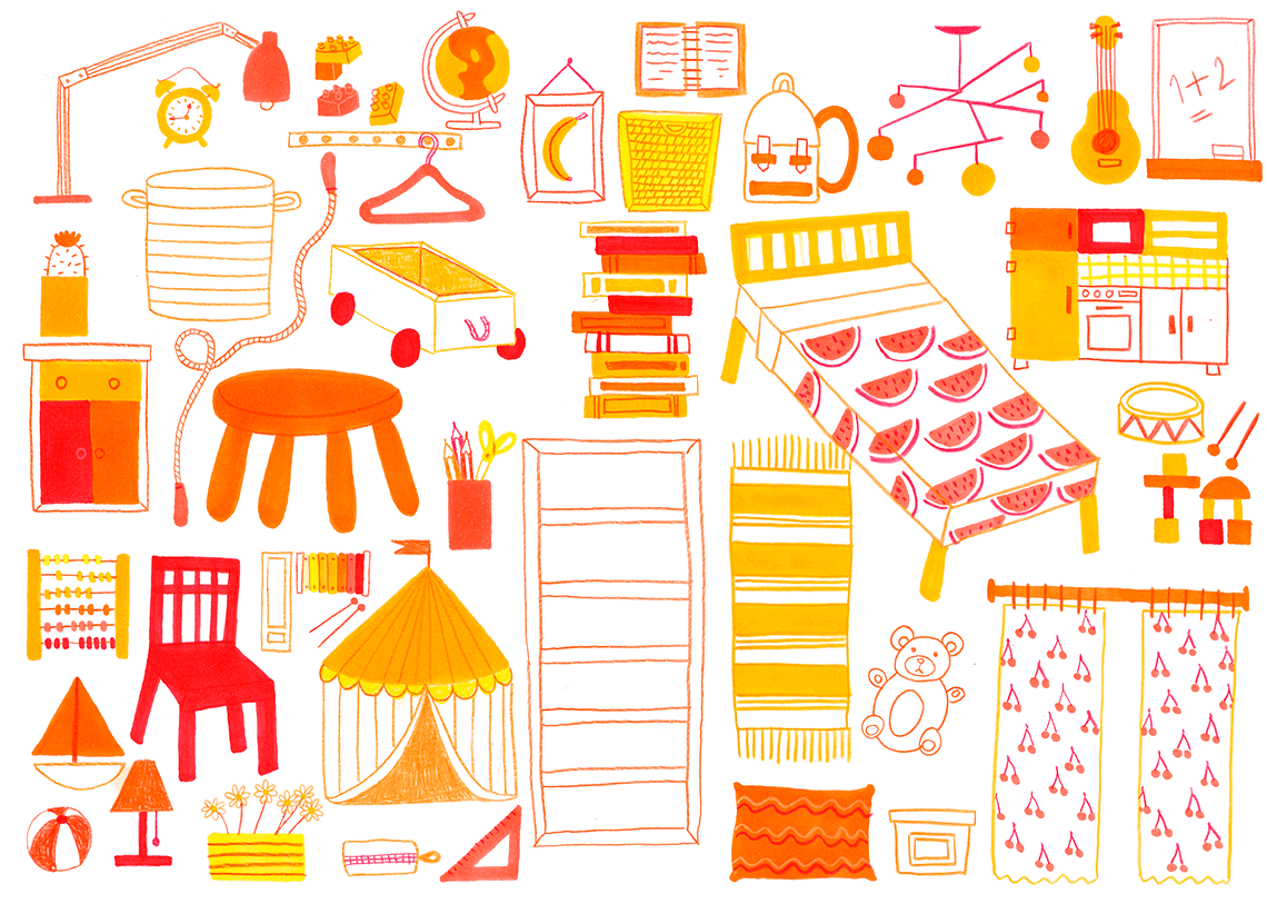 Illustration of different objects from a yellow children's bedroom.