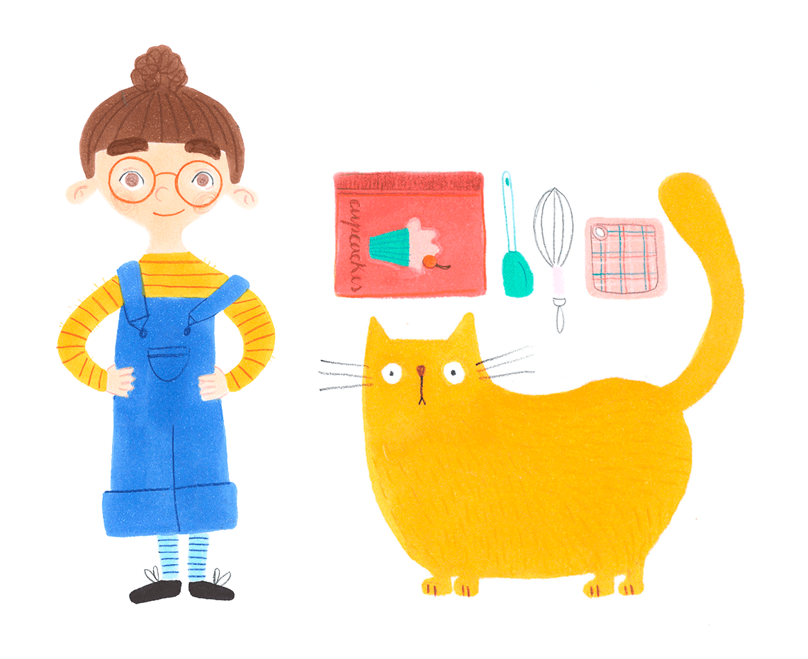 Illustration of a girl who's wearing red glasses, blue overalls and a yellow striped shirt, an orange cat, a baking book and some baking utensils.