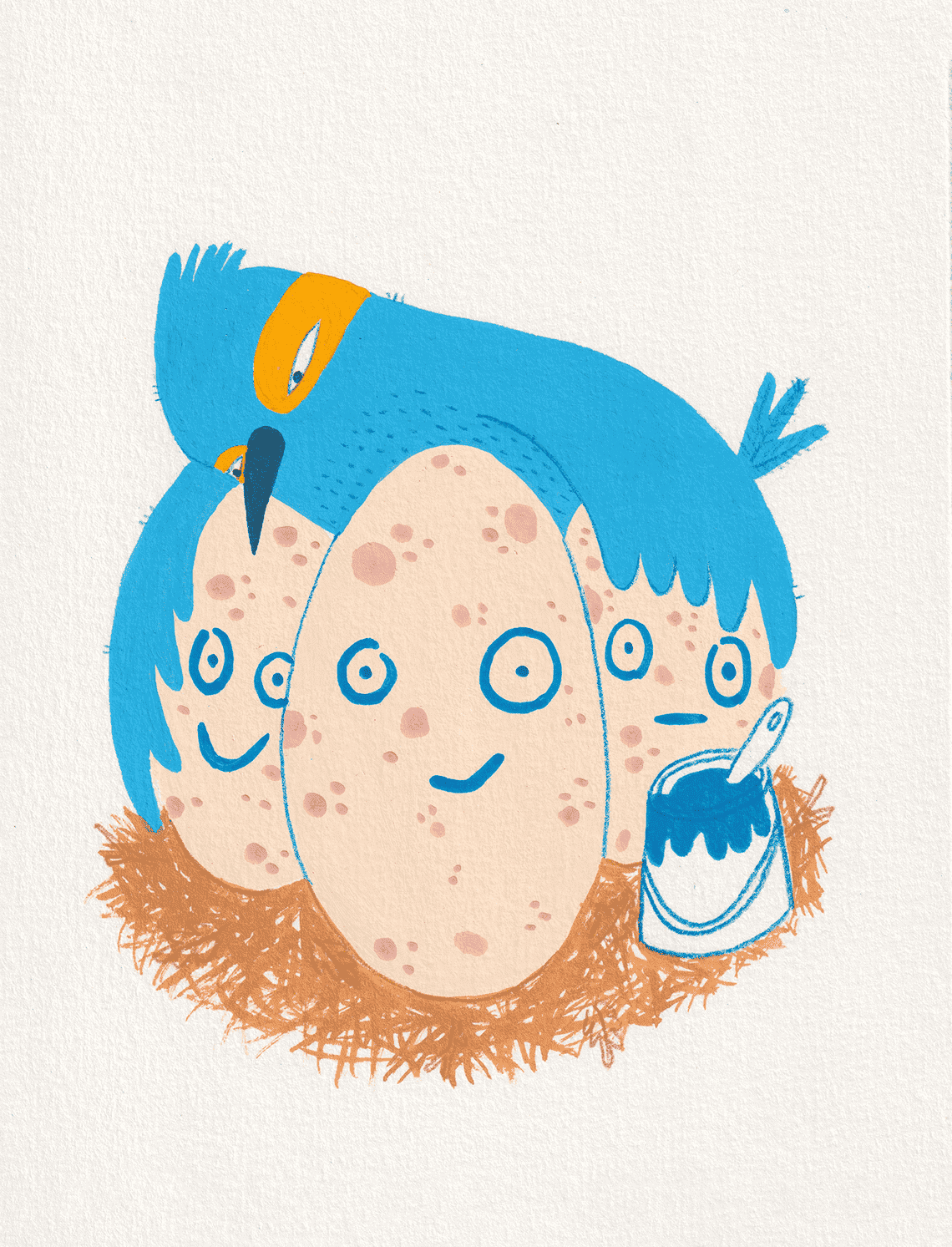 Gouache illustration of a mother bird hugging her three huge eggs where she has painted some faces.