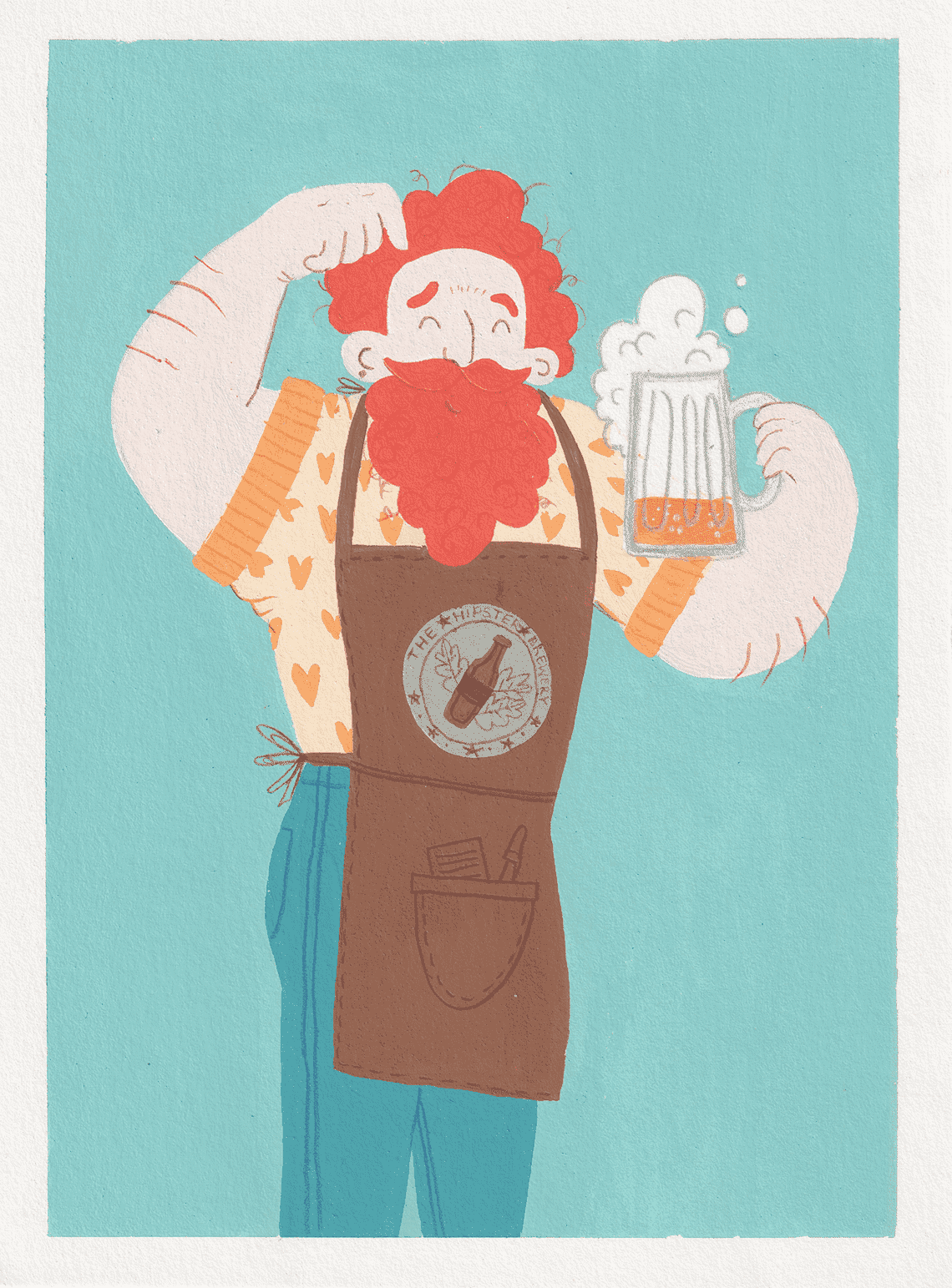 Gouache illustration of a confused looking red bearded man holding a beer with too much foam.