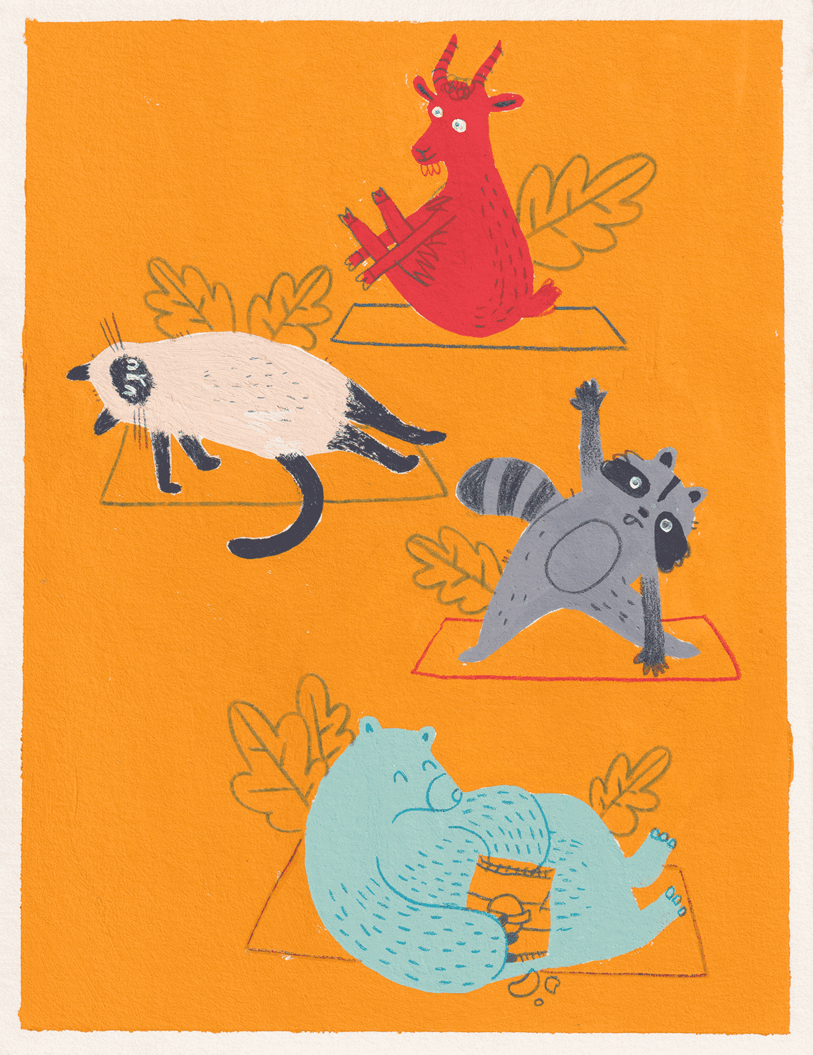 Gouache illustration of a goat, a cat, a raccoon and a bear doing yoga.