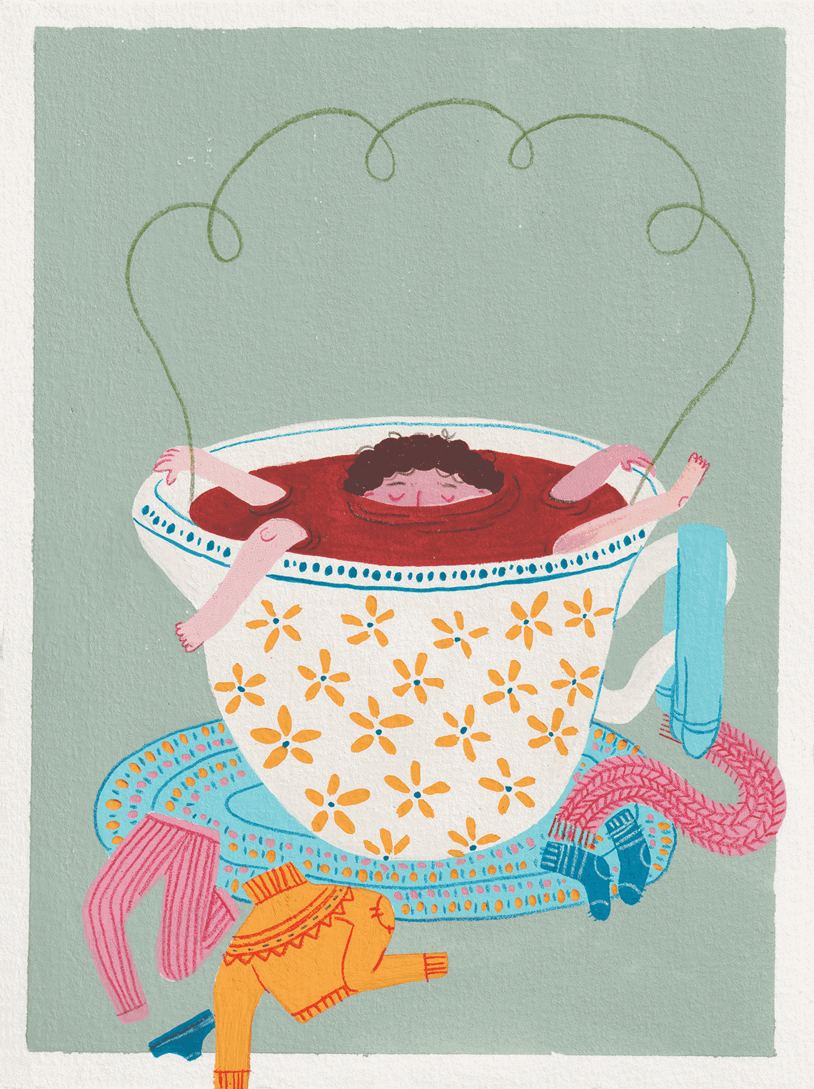 Gouache illustration of a girl taking a bath inside a mug filled with warm tea.