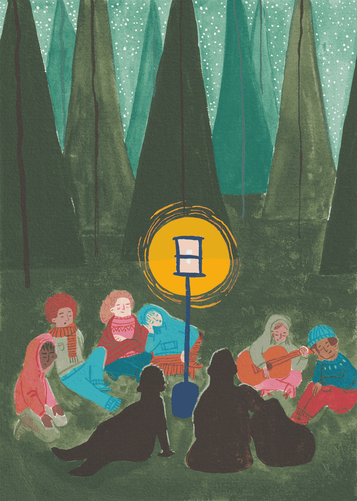 Gouache illustration of a group of friends hanging out in a circle in the middle of a forest, while singing and playing a guitar.