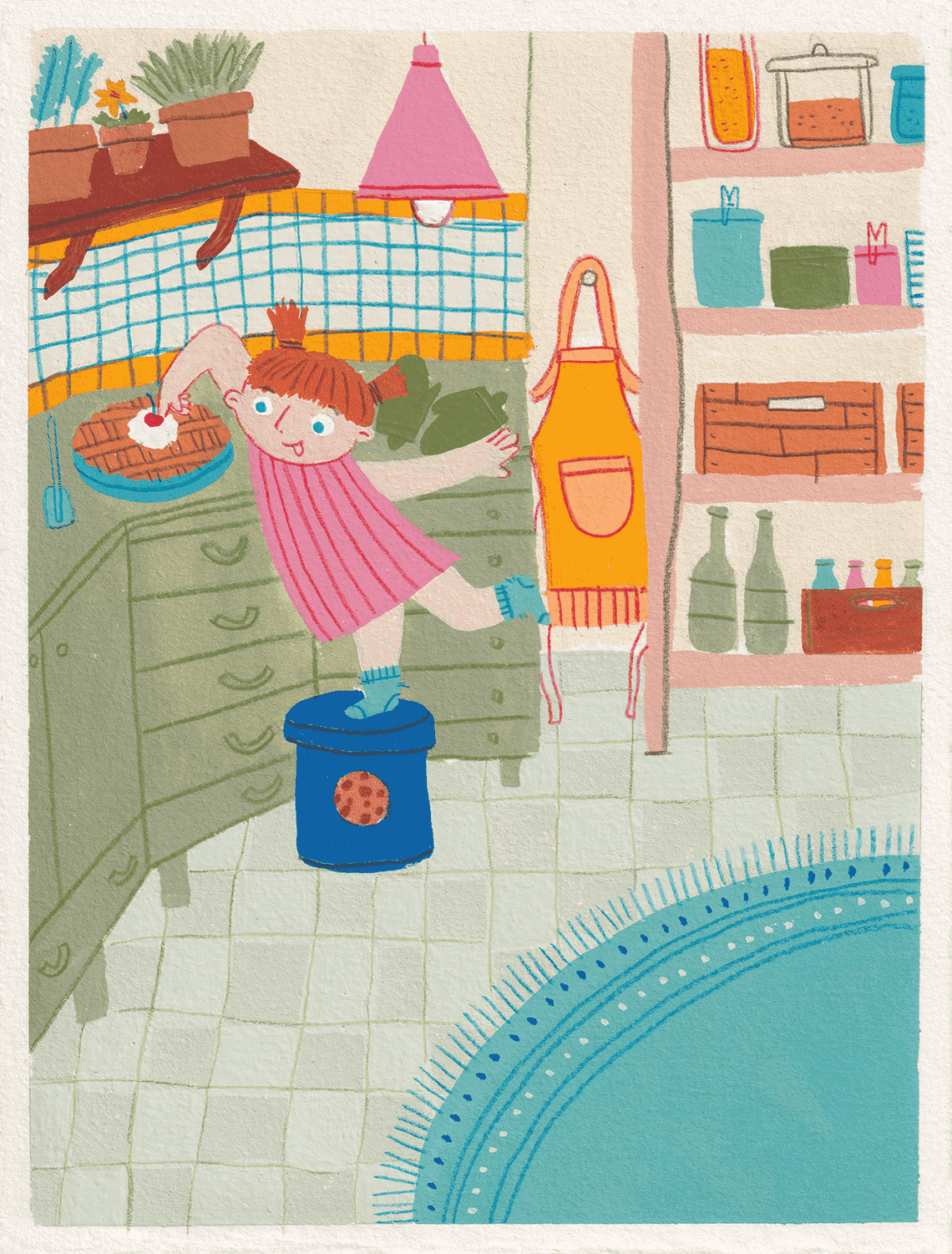 Gouache illustration of a girl sticking her finger in the cream sprayed on top of a pie, which is laying over a kitchen top.