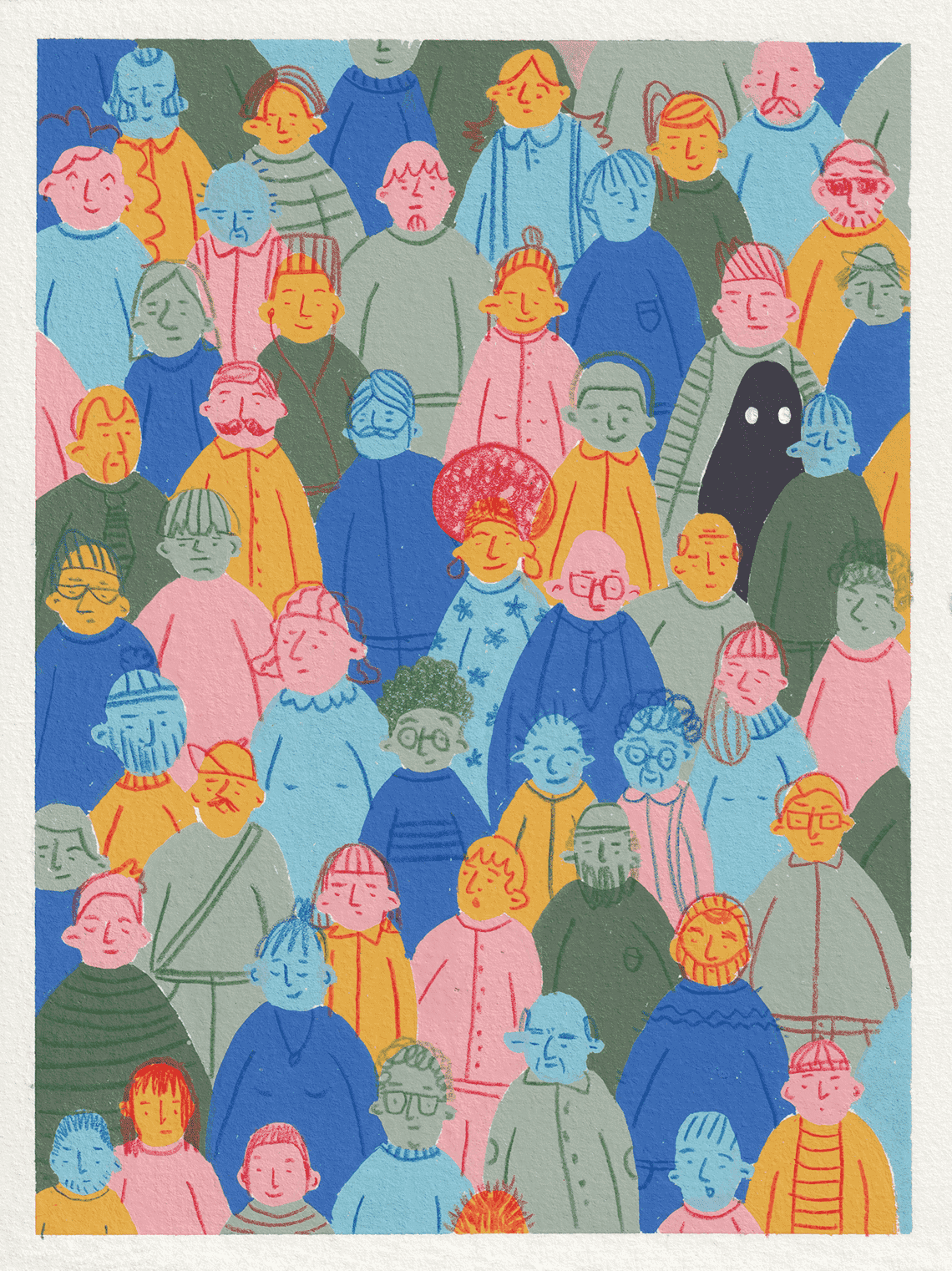 Gouache illustration of a shadow figure in the middle of a colorful crowd.