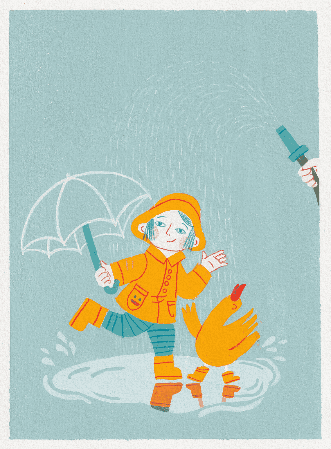 Gouache illustration of a girl playing with her pet friend in a bubble created by a hose.