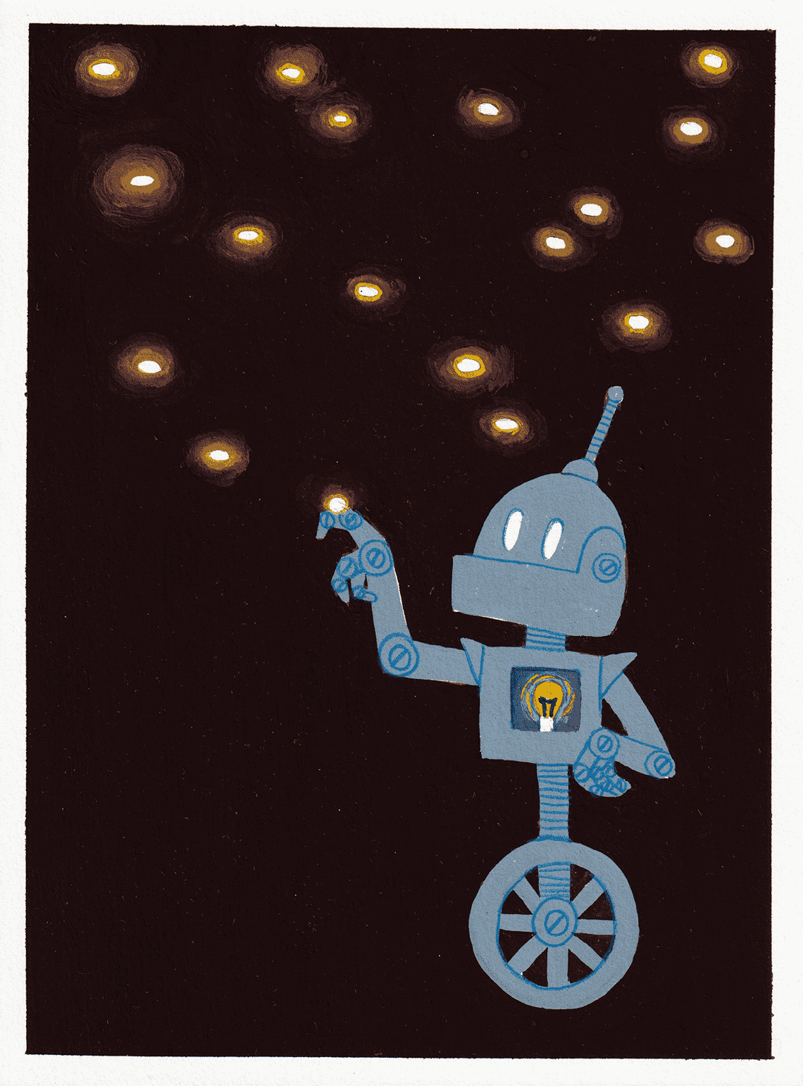 Gouache illustration of a robot touching a firefly with its metal hand.