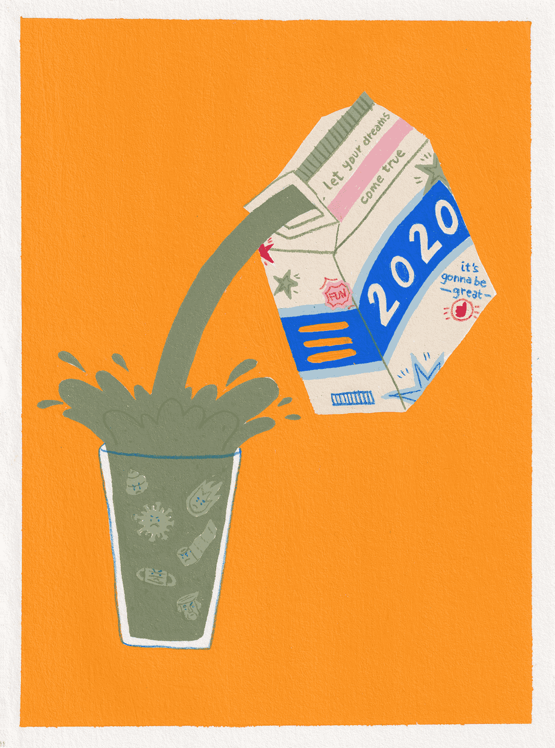 Gouache illustration of a 2020 carton spilling some nasty looking liquid into glass.