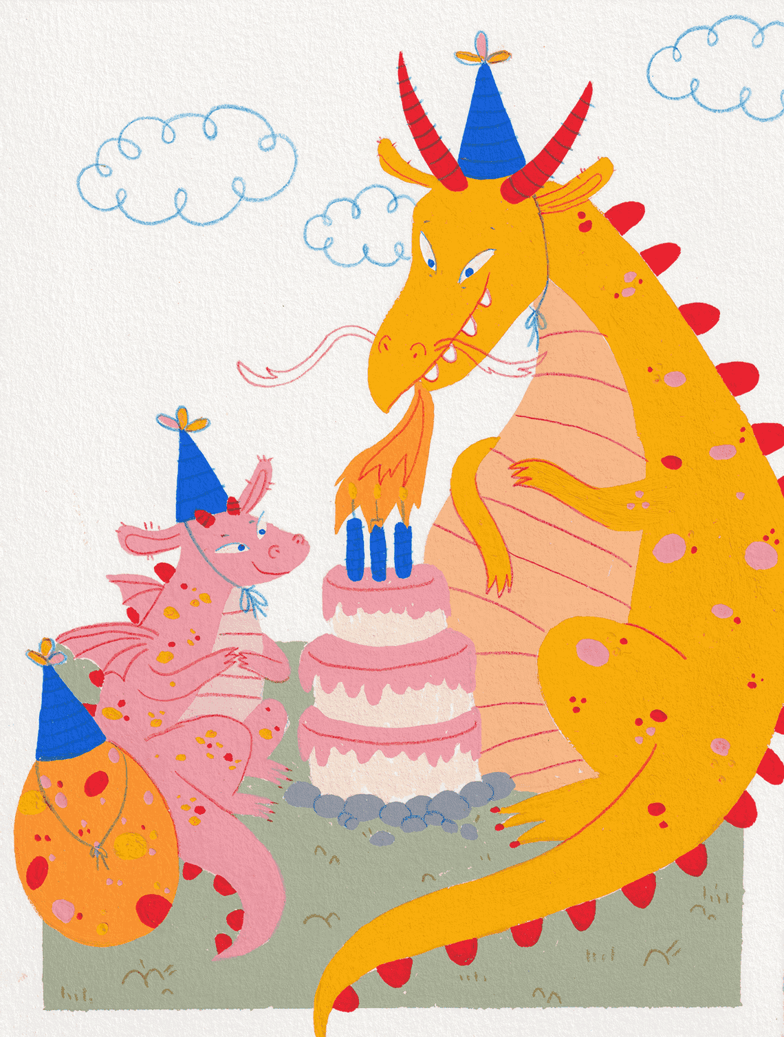 Gouache illustration of a mother dragon lightning the candles of her child's birthday cake.