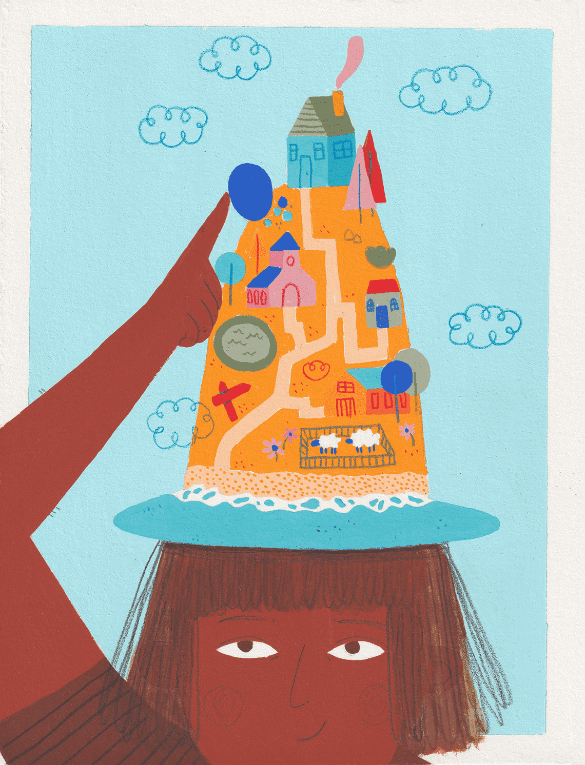Gouache illustration of a girl wearing an island as a hat.