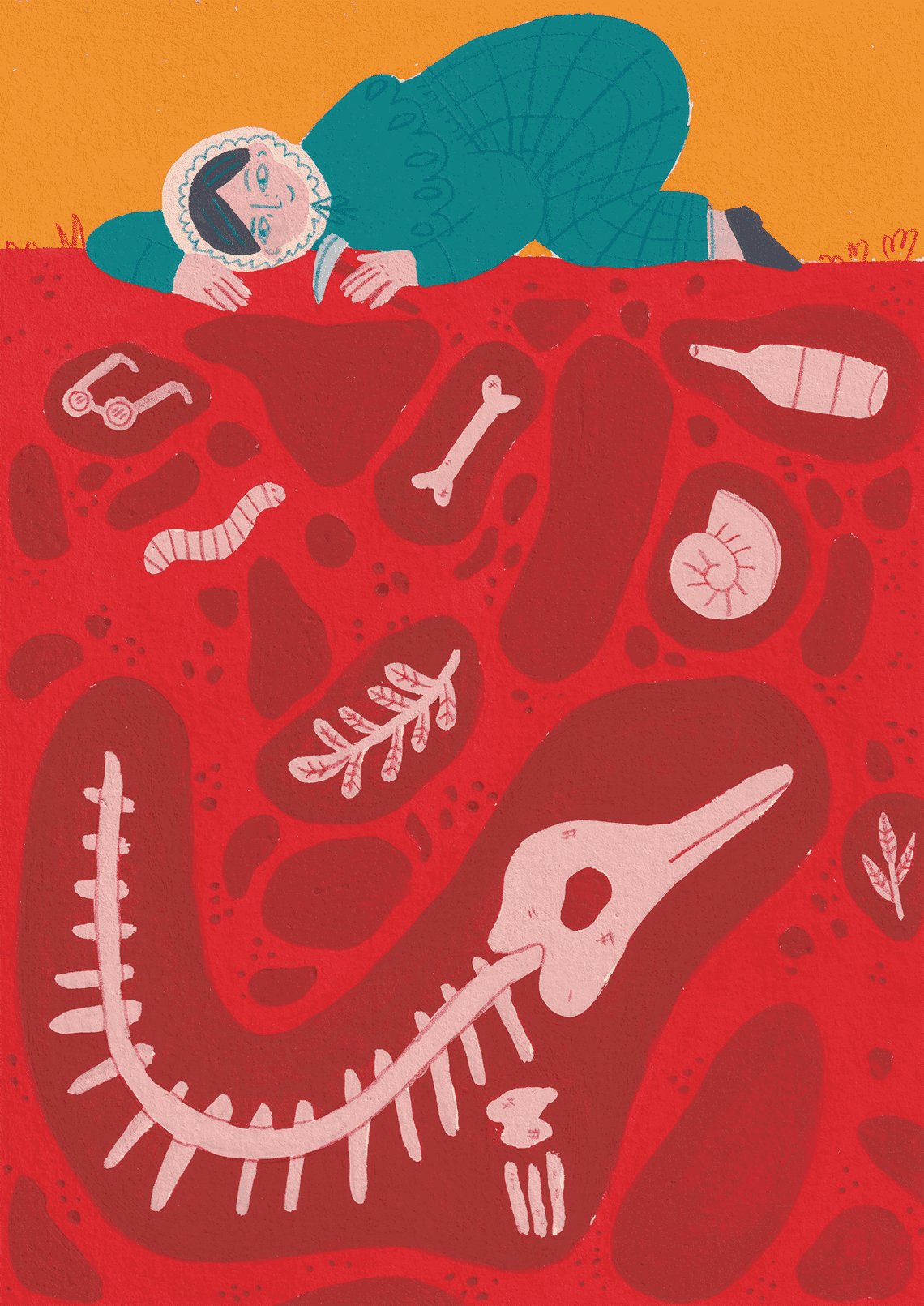 Gouache illustration of the female paleontologist Mary Anning, laying her head over some ground where fossils are buried.