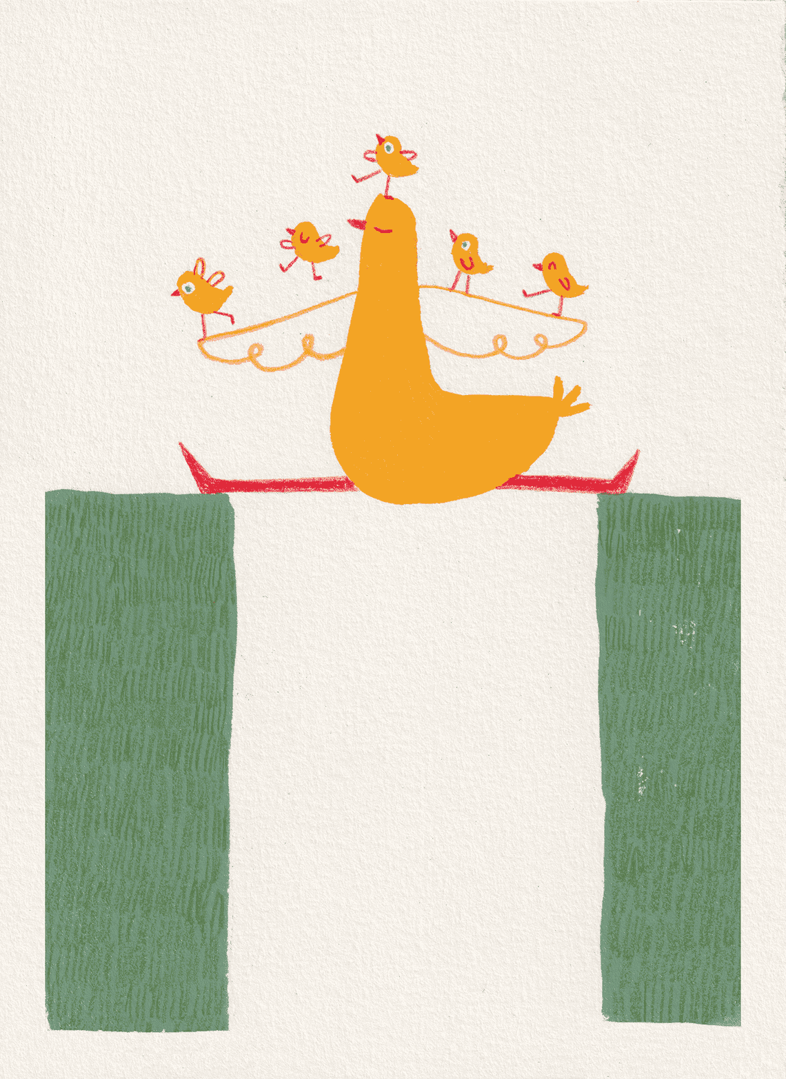 Gouache illustration of a mother duck serving as a bridge to her small children.