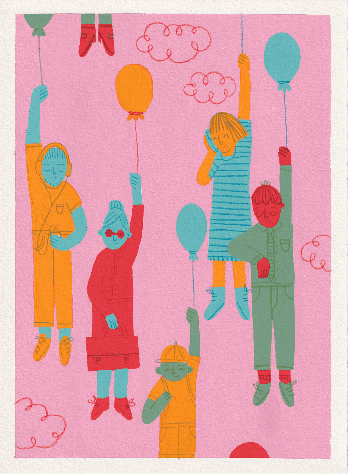 Gouache illustration of a group of people each holding onto their personal balloon.