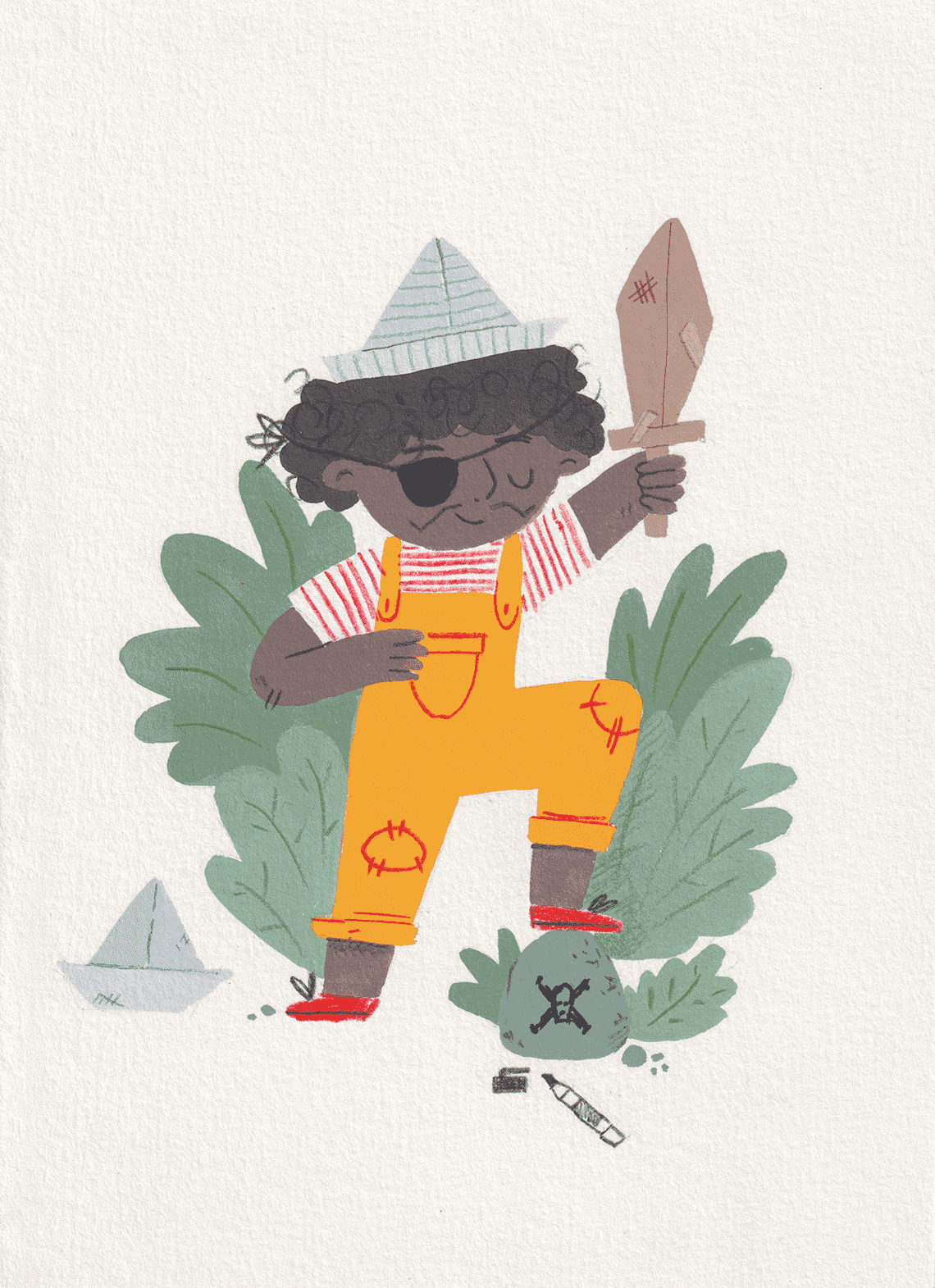 Gouache illustration of a boy dressed as a pirate holding a cardboard sword.