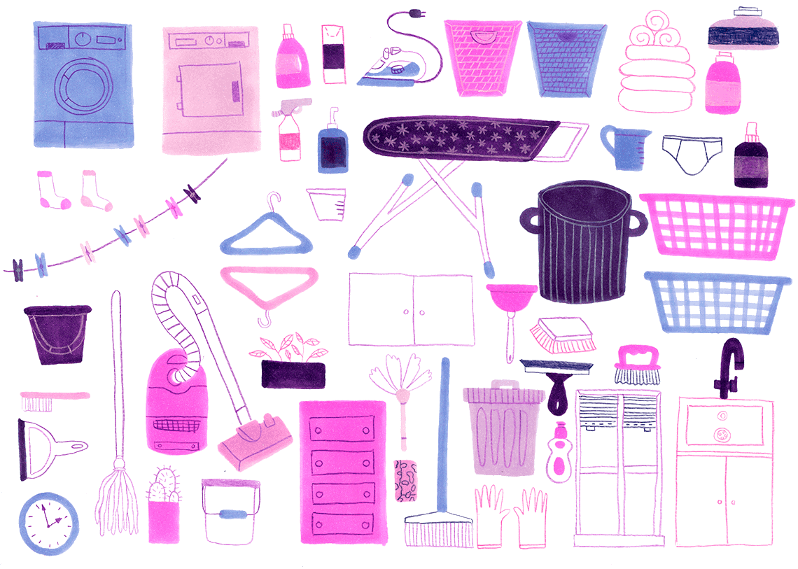 Illustration of different objects from a purple laundry room.