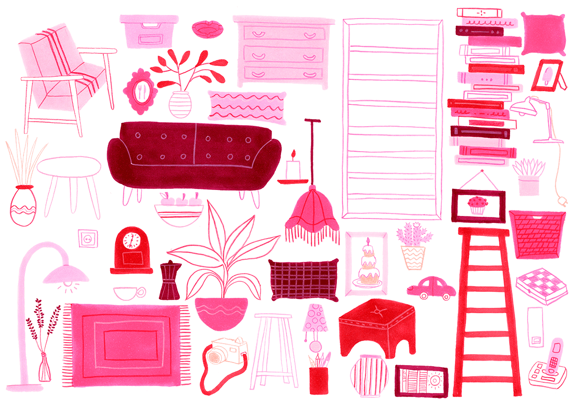 Illustration of different objects from a pink living room.